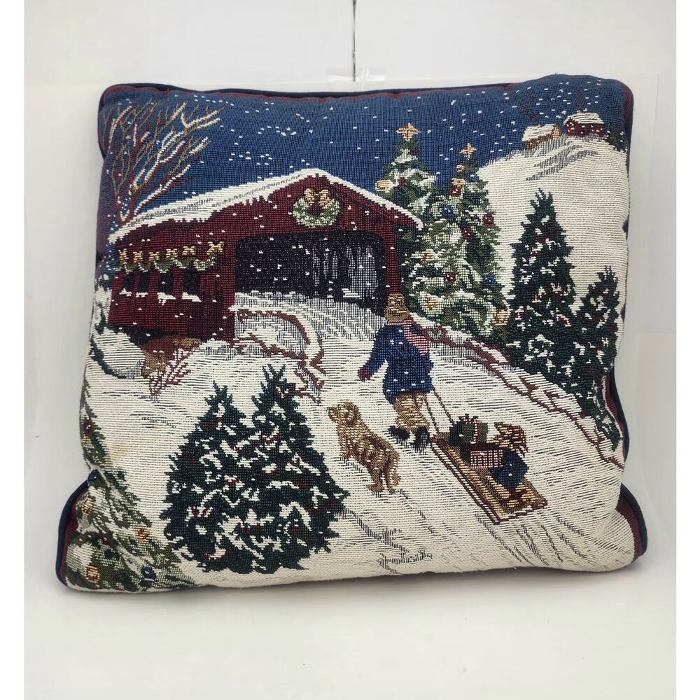Christmas Tapestry Throw pillow 14" sleigh boy dog bridge